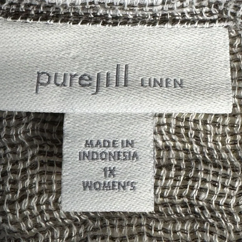 J Jill Purejill Linen Gray White Blouse Shirt Womens 1X 100% Linen Short Sleeve